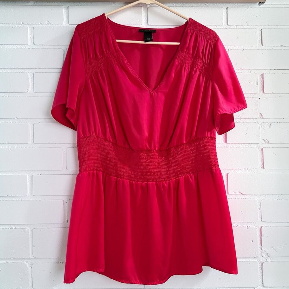 Lane Bryant Smocked Waist Peplum Blouse 14/16 Pink V Neck Flutter Sleeve